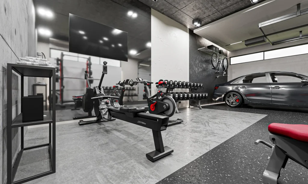 Garage condo gym setup in Hudson WI with home workout equipment