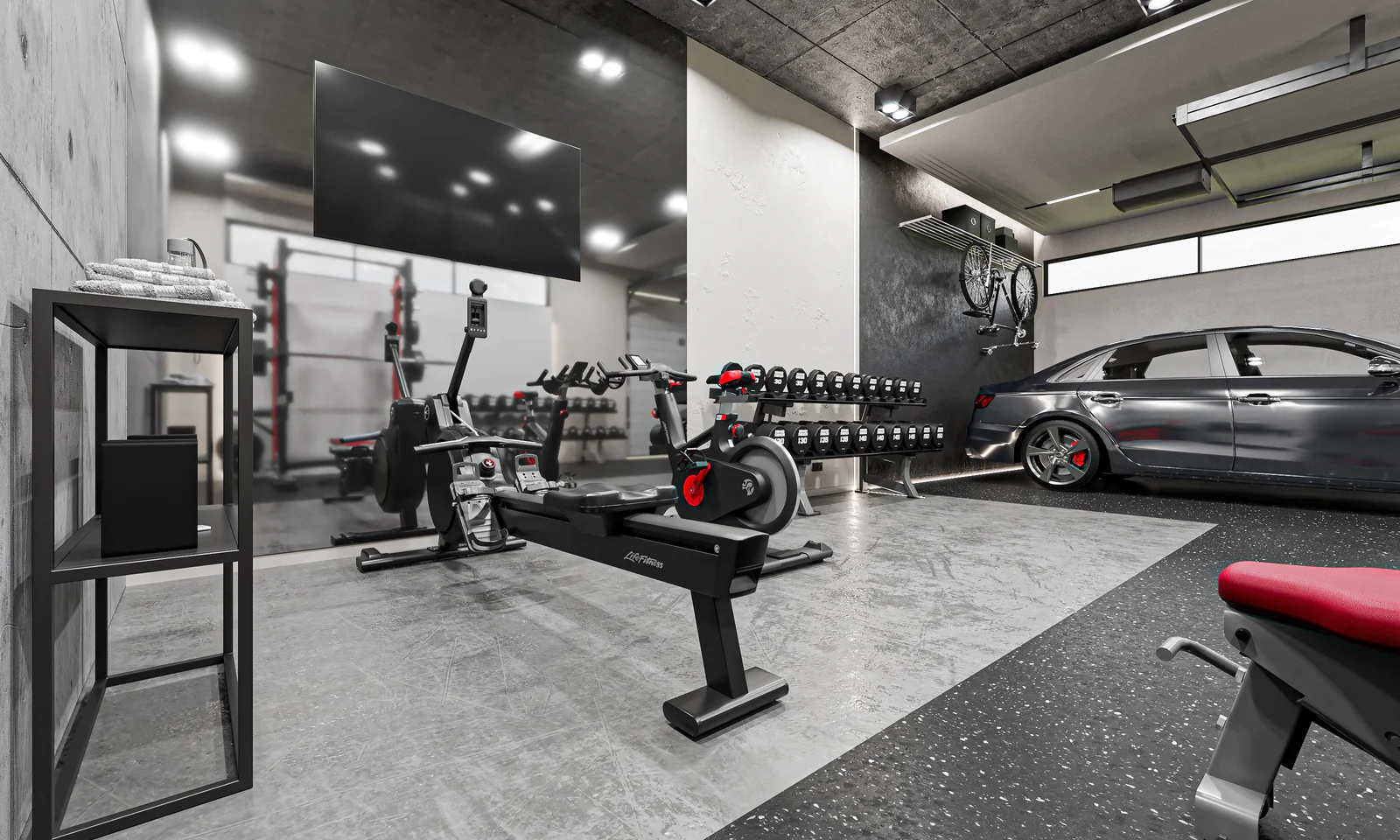 Garage condo gym setup in Hudson WI with home workout equipment